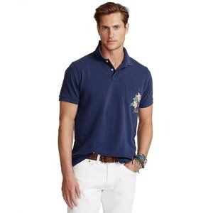 Polo Ralph Lauren Mens Custom Slim Fit Mesh Polo Shirt Navy Blue Floral XL
